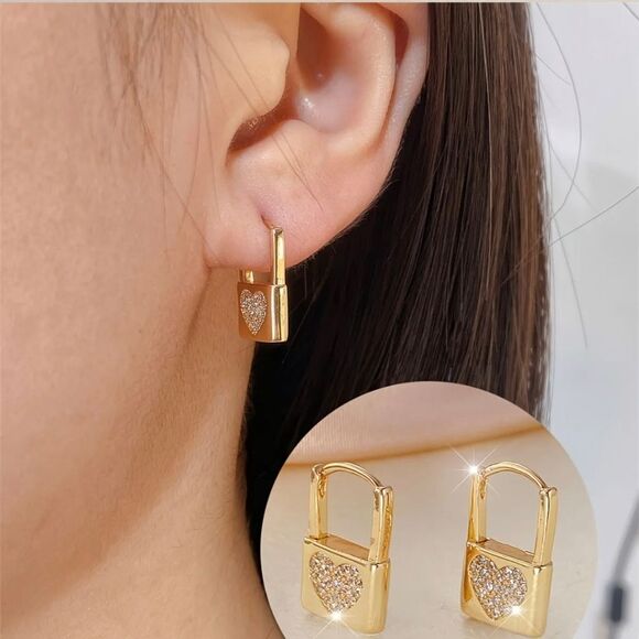 18K Gold Plated Diamond Pave Heart Pad Lock  Earrings - Picture 1 of 4